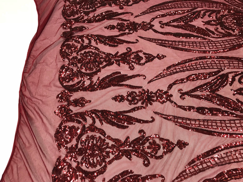 Burgundy empire design embroider with shiny sequins on a 4 way Stretch power mesh-sold by the yard.