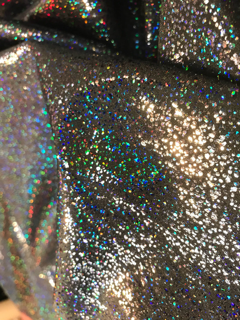 Black iridescent shattered glass design 4 way Stretch nylon spandex-dresses-fashion-leggings-baiting suits-apparel-sold by the yard