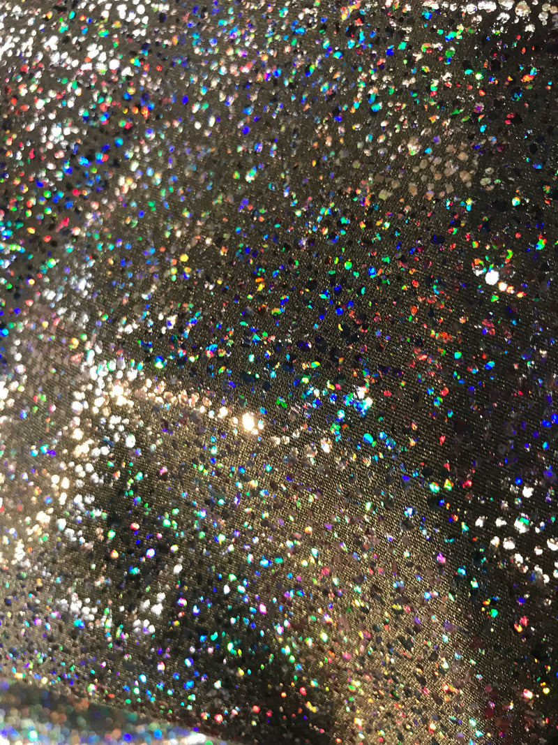 Black iridescent shattered glass design 4 way Stretch nylon spandex-dresses-fashion-leggings-baiting suits-apparel-sold by the yard