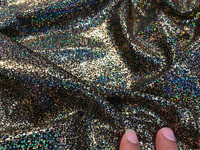 Gold-black iridescent shattered glass design 4 way Stretch nylon spandex-dresses-fashion-leggings-baiting suits-apparel-sold by the yard.