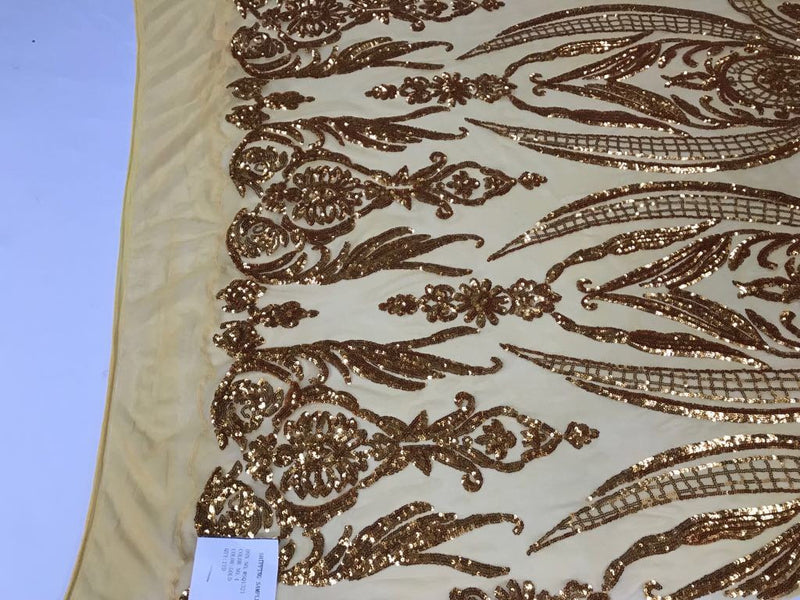 Gold empire design embroider with shiny sequins on a 4 wY stretch power mesh-dresses-fashion-apparel-prom-nightgown-sold by yard.