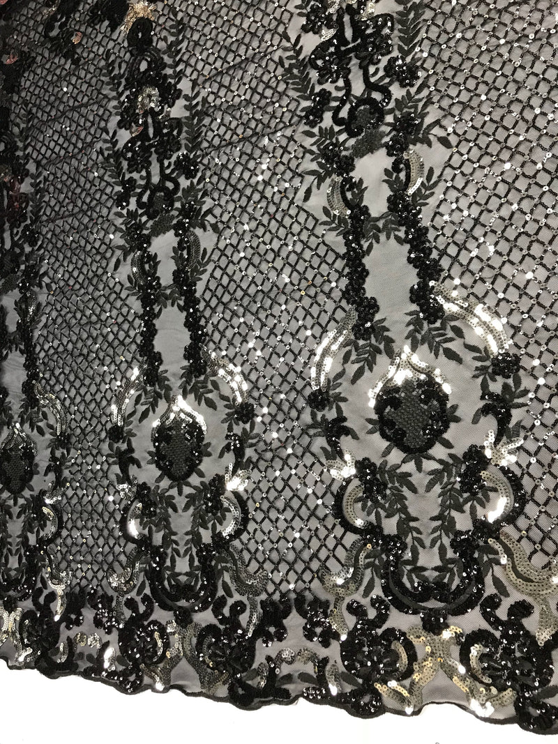 Black-shiny silver damask design embroider with sequins on a mesh lace-dresses-fashion-decorations-apparel-prom-nightgown-sold by yard.