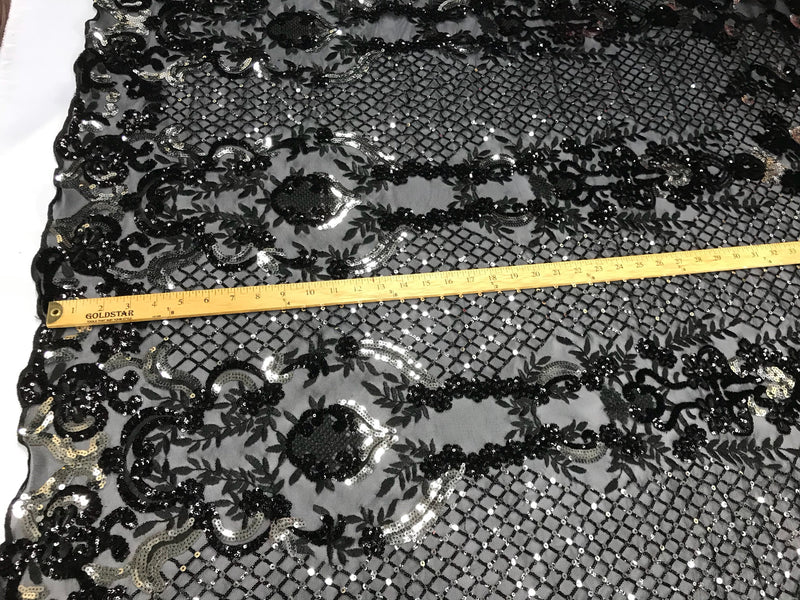 Black-shiny silver damask design embroider with sequins on a mesh lace-dresses-fashion-decorations-apparel-prom-nightgown-sold by yard.