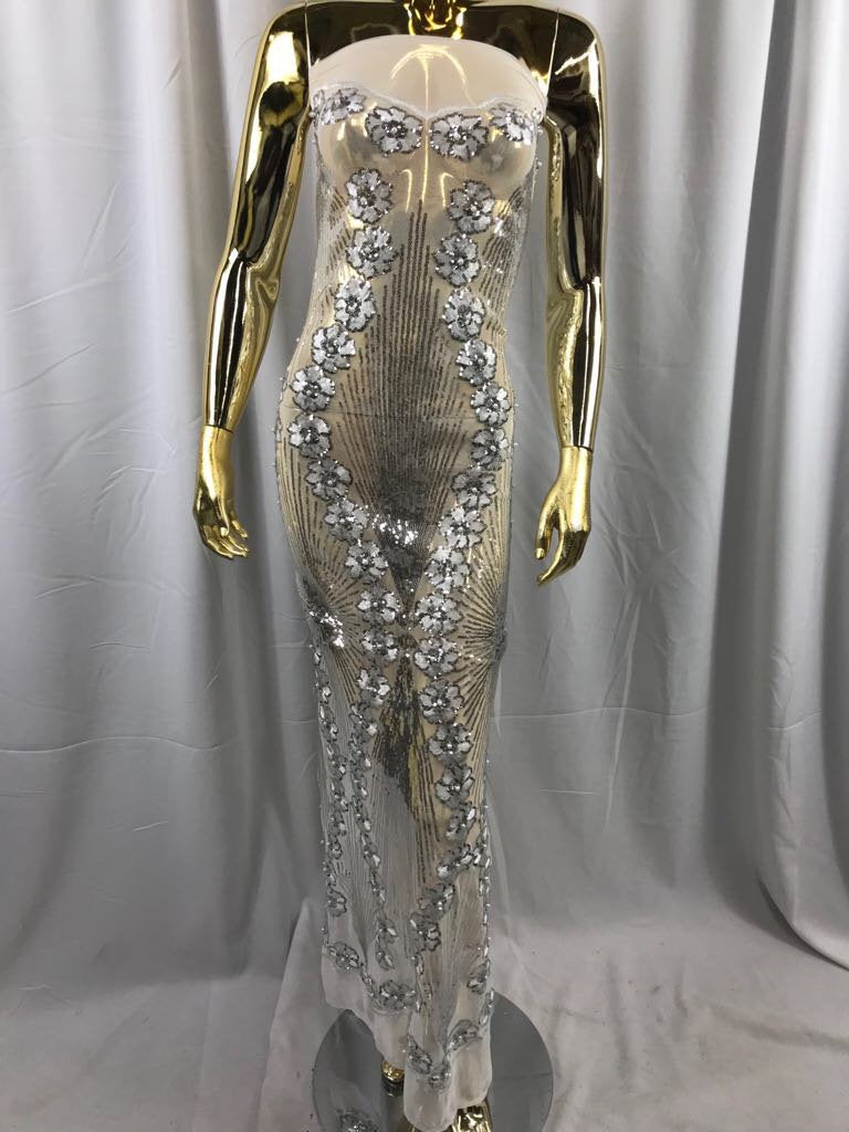 Gray/silver goddess design floral embroidery with sequins and pearls on a 4 way Stretch Mesh-dresses-fashion-prom-nightgown-sold by the yard