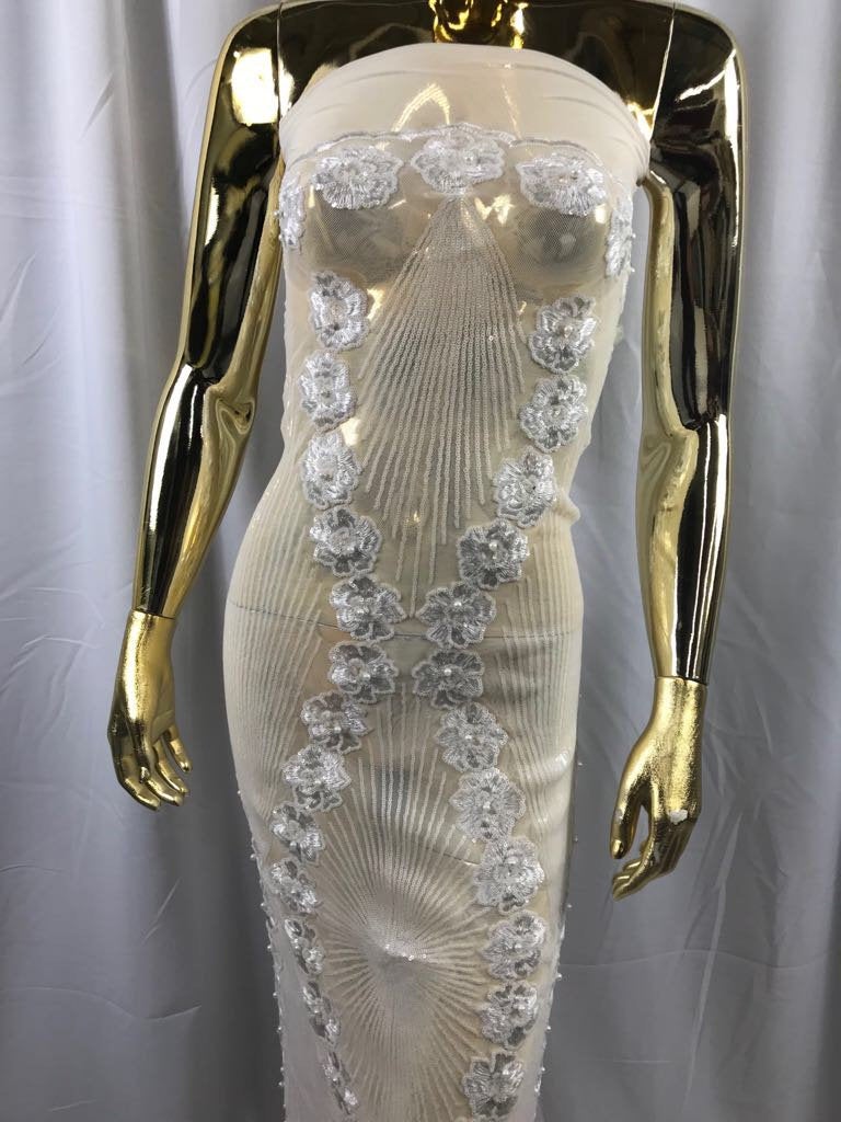 Ivory goddess design floral embroidery with sequins and pearls on a 4 way stretch mesh-dresses-fashion-apparel-prom-nightgown-sold by yard.