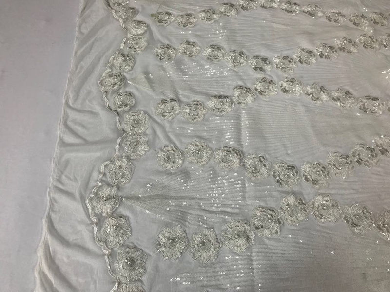 Ivory goddess design floral embroidery with sequins and pearls on a 4 way stretch mesh-dresses-fashion-apparel-prom-nightgown-sold by yard.