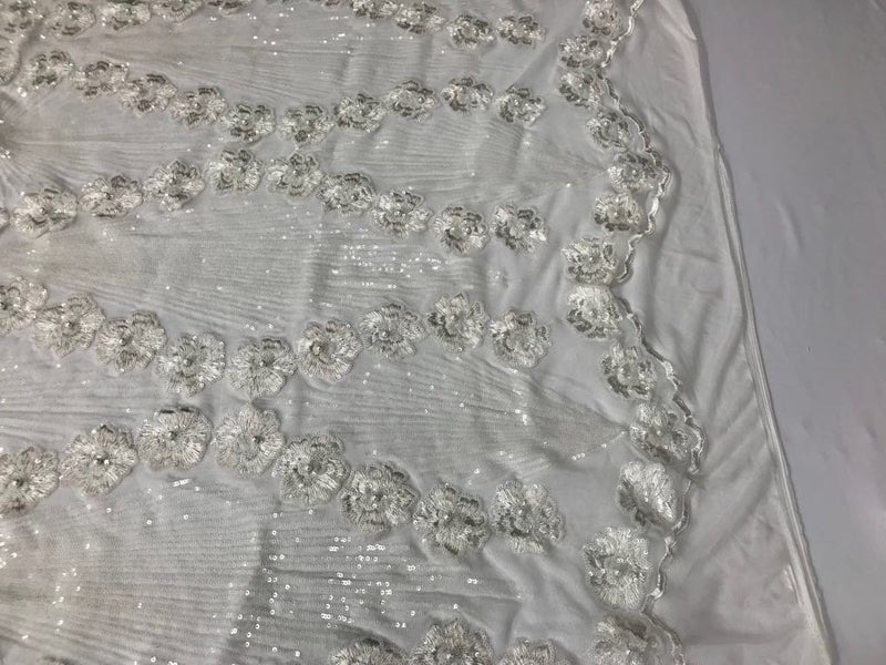 Ivory goddess design floral embroidery with sequins and pearls on a 4 way stretch mesh-dresses-fashion-apparel-prom-nightgown-sold by yard.