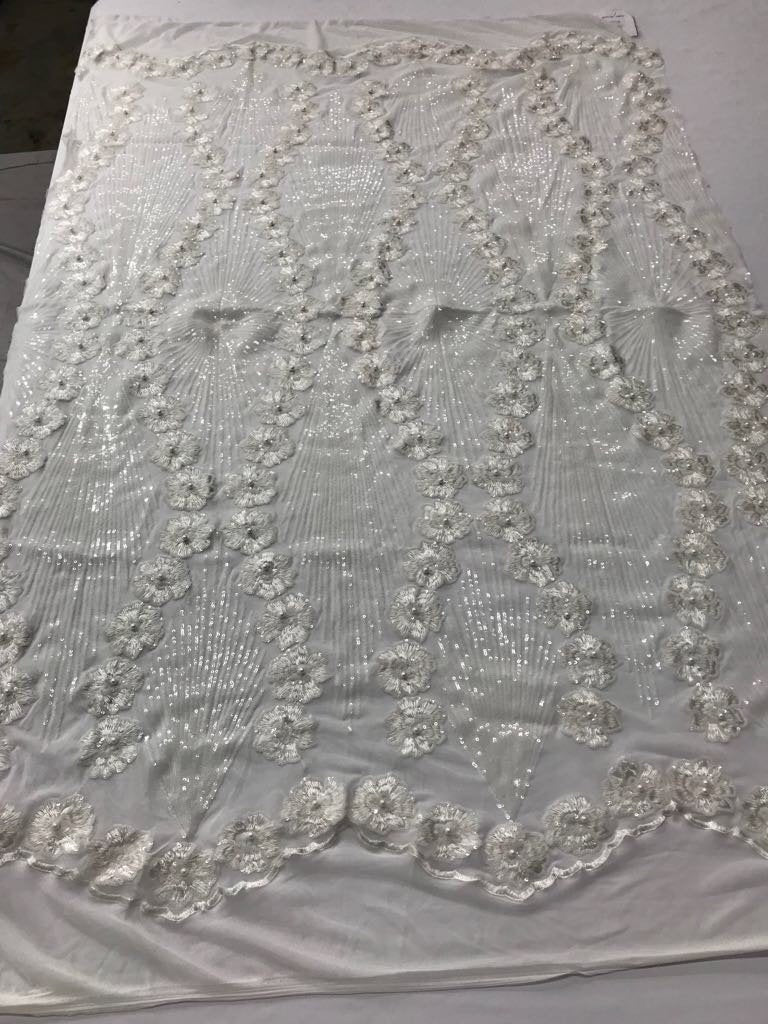 Ivory goddess design floral embroidery with sequins and pearls on a 4 way stretch mesh-dresses-fashion-apparel-prom-nightgown-sold by yard.