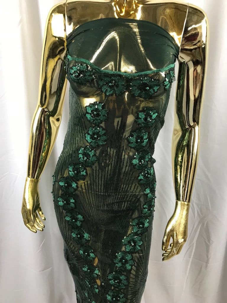 Hunter green goddess design floral embroidery with sequins and pearls on a 4 way stretch mesh-dresses-fashion-prom-nightgown-sold by yard