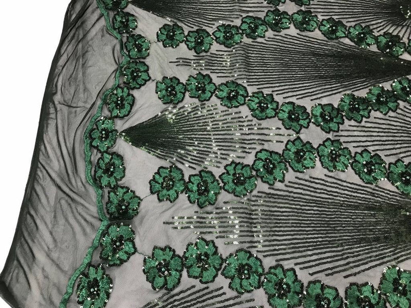 Hunter green goddess design floral embroidery with sequins and pearls on a 4 way stretch mesh-dresses-fashion-prom-nightgown-sold by yard