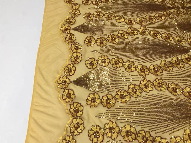 Dark gold goddess design floral embroidery with sequins and pearls on a 4 way Stretch Mesh-dresses-fashion-prom-nightgown-sold by the yard.