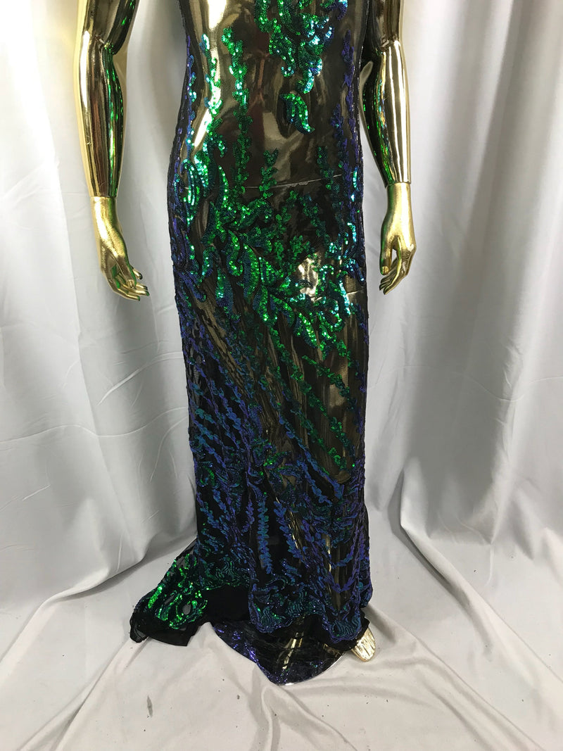 Black 4 way Stretch power mesh lace embroidered with green iridescent sequins-dresses-fashion-apparel-prom-nightgown-sold by the yard.