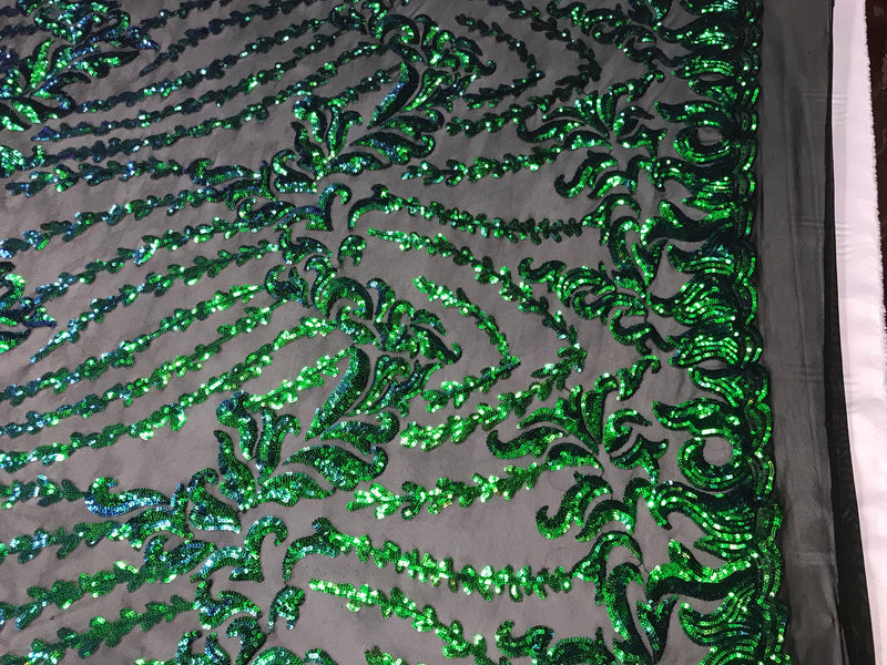 Black 4 way Stretch power mesh lace embroidered with green iridescent sequins-dresses-fashion-apparel-prom-nightgown-sold by the yard.