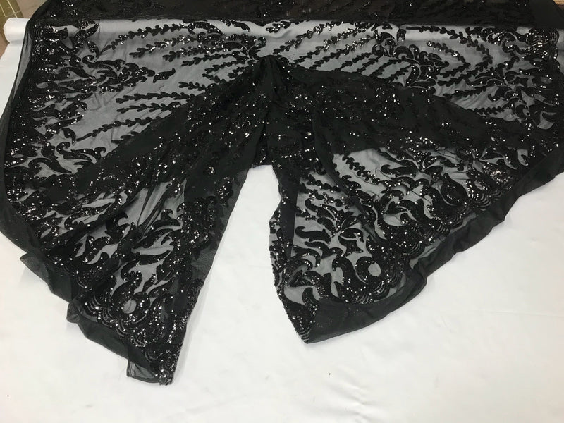 Black 4 way Stretch power mesh lace embroidered with shiny sequins-dresses-fashion-apparel-prom-nightgown-decorations-sold by the yard.