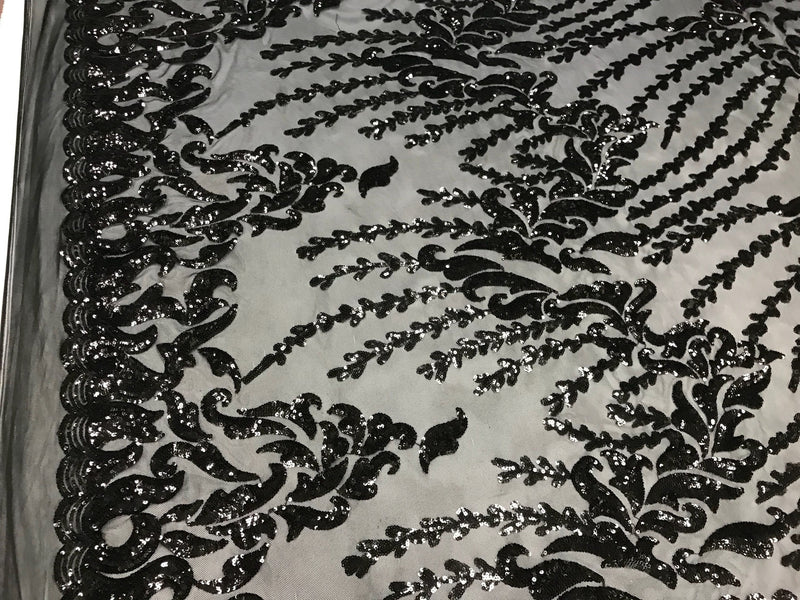 Black 4 way Stretch power mesh lace embroidered with shiny sequins-dresses-fashion-apparel-prom-nightgown-decorations-sold by the yard.