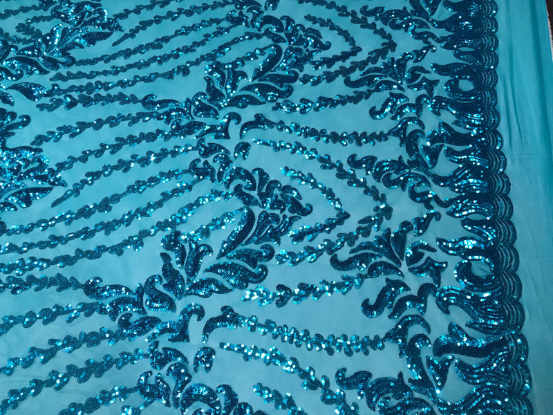 Turquoise 4 way Stretch power mesh lace embroidered with shiny sequins-sold by the yard.