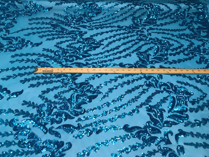 Turquoise 4 way Stretch power mesh lace embroidered with shiny sequins-sold by the yard.