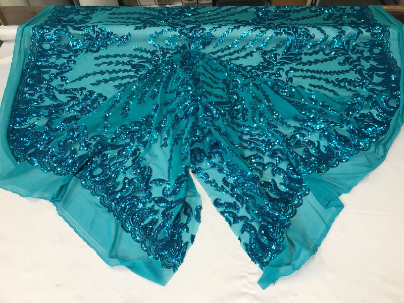 Turquoise 4 way Stretch power mesh lace embroidered with shiny sequins-sold by the yard.