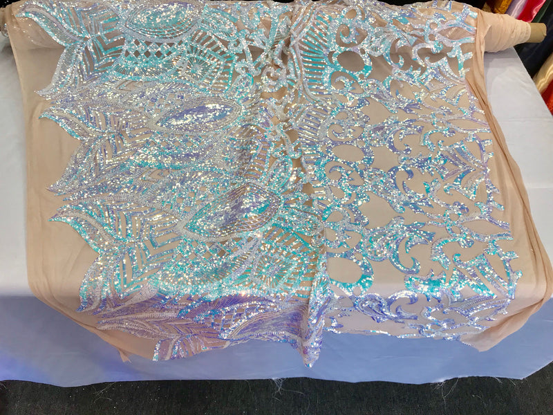 Aqua royalty iridescent sequins on a 4 way stretch nude mesh lace-dresses-apparel-fashion-prom-nightgown-sold by the yard.