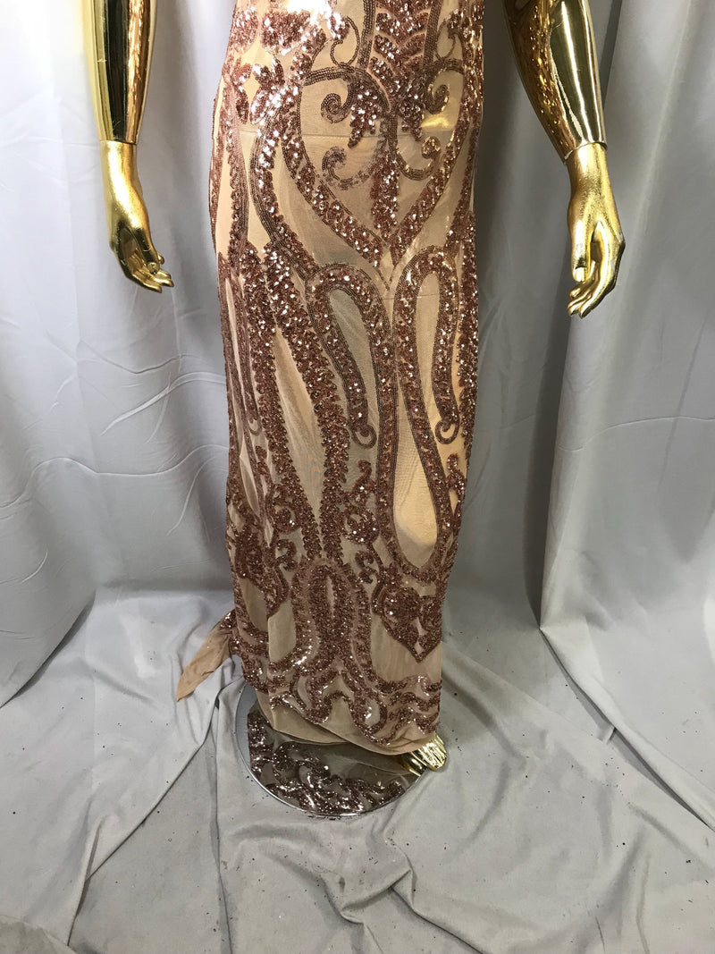 Rose gold diva design embroider with shiny sequins on a 4 way stretch power mesh-dresses-fashion-apparel-prom-nightgown-sold by the yard.