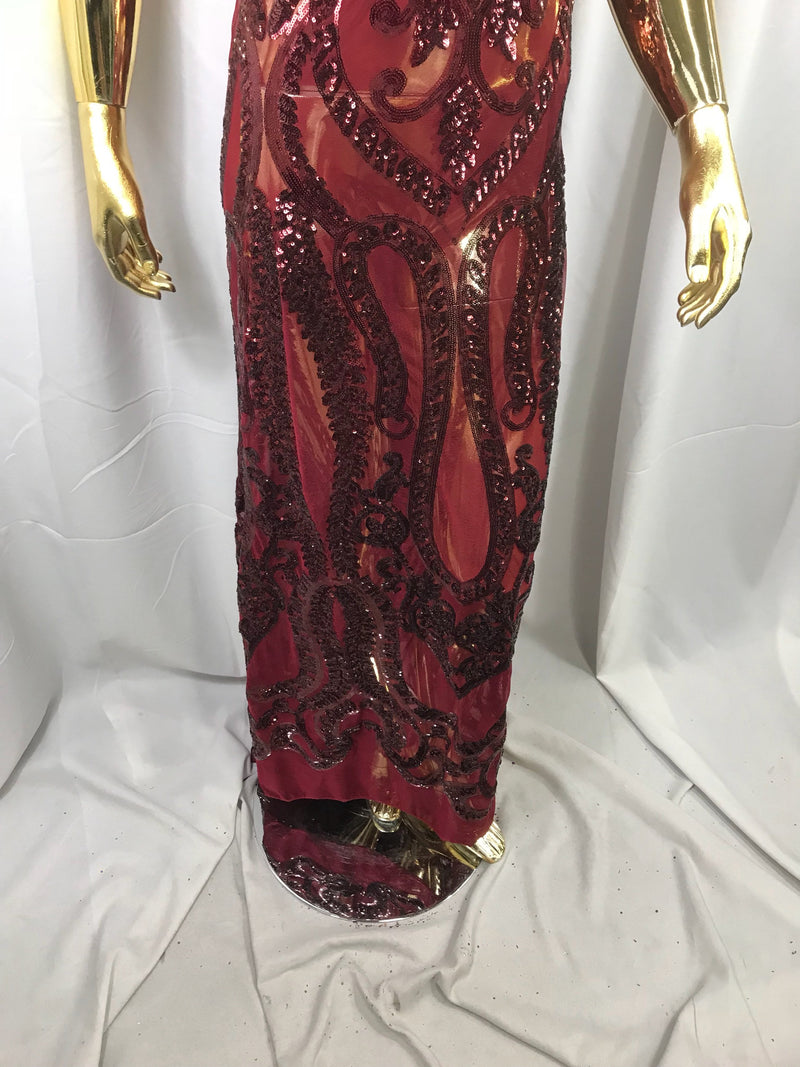 Burgundy diva design embroider with shiny sequins on a 4 way stretch power mesh-dresses-fashion-apparel-prom-nightgown-sold by the yard.