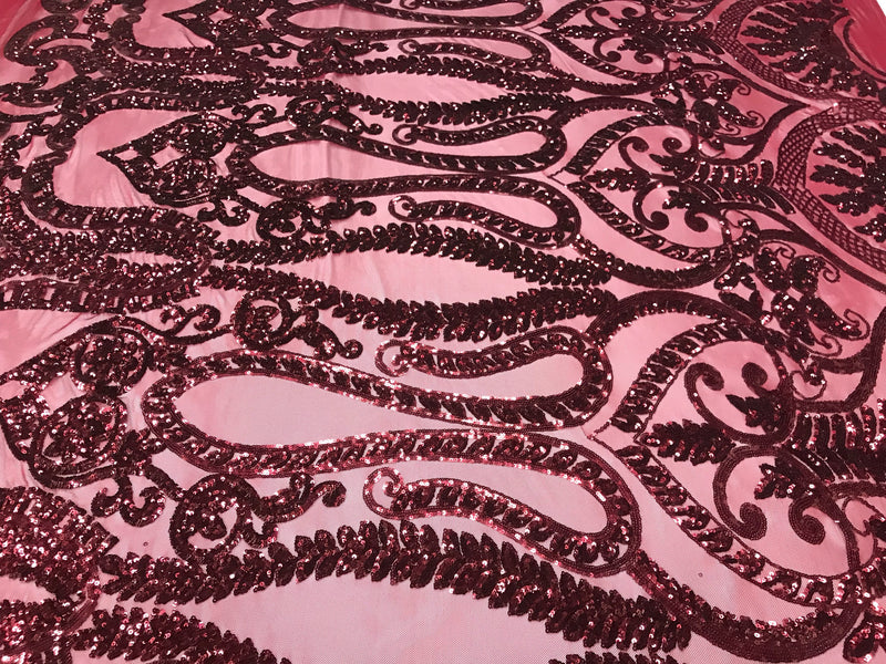 Burgundy diva design embroider with shiny sequins on a 4 way stretch power mesh-dresses-fashion-apparel-prom-nightgown-sold by the yard.