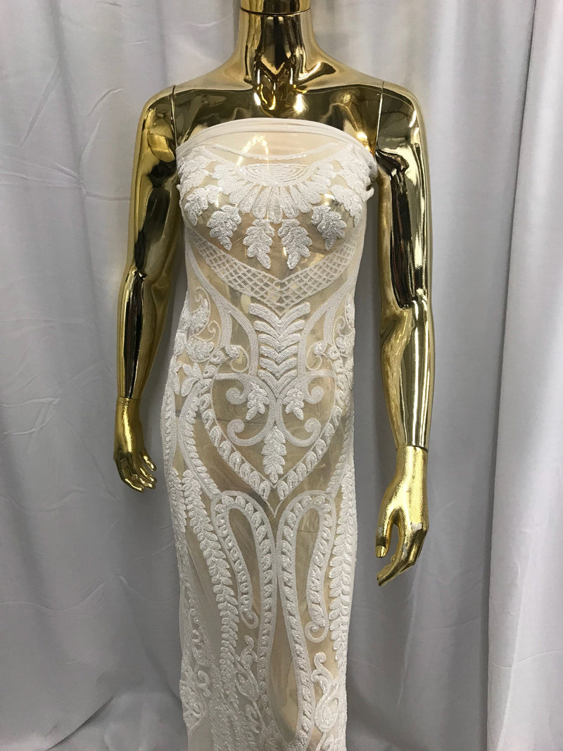 White diva design embroider with sequins on a 4 way stretch power mesh-dresses-fashion-apparel-prom-nightgown-sold by the yard.