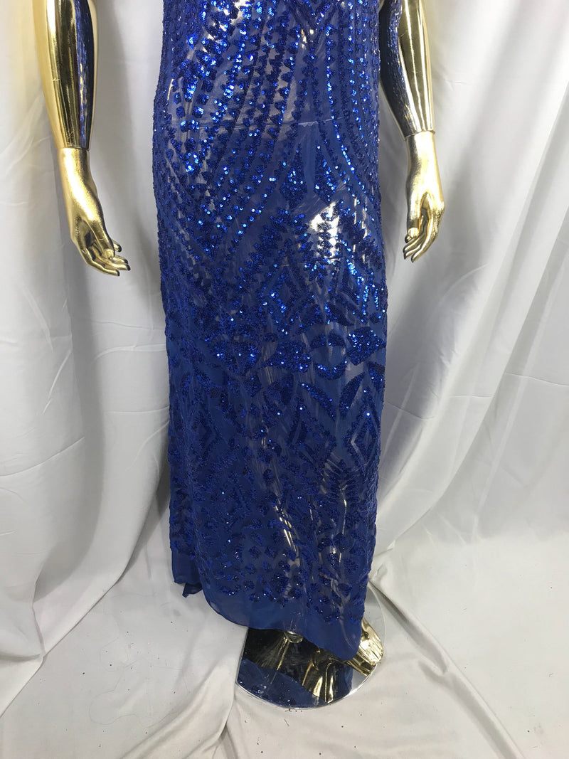 Royal blue geometric diamond design embroidery with sequins on a 4 way stretch mesh-dresses-prom-nightgown-fashion-sold by the yard.