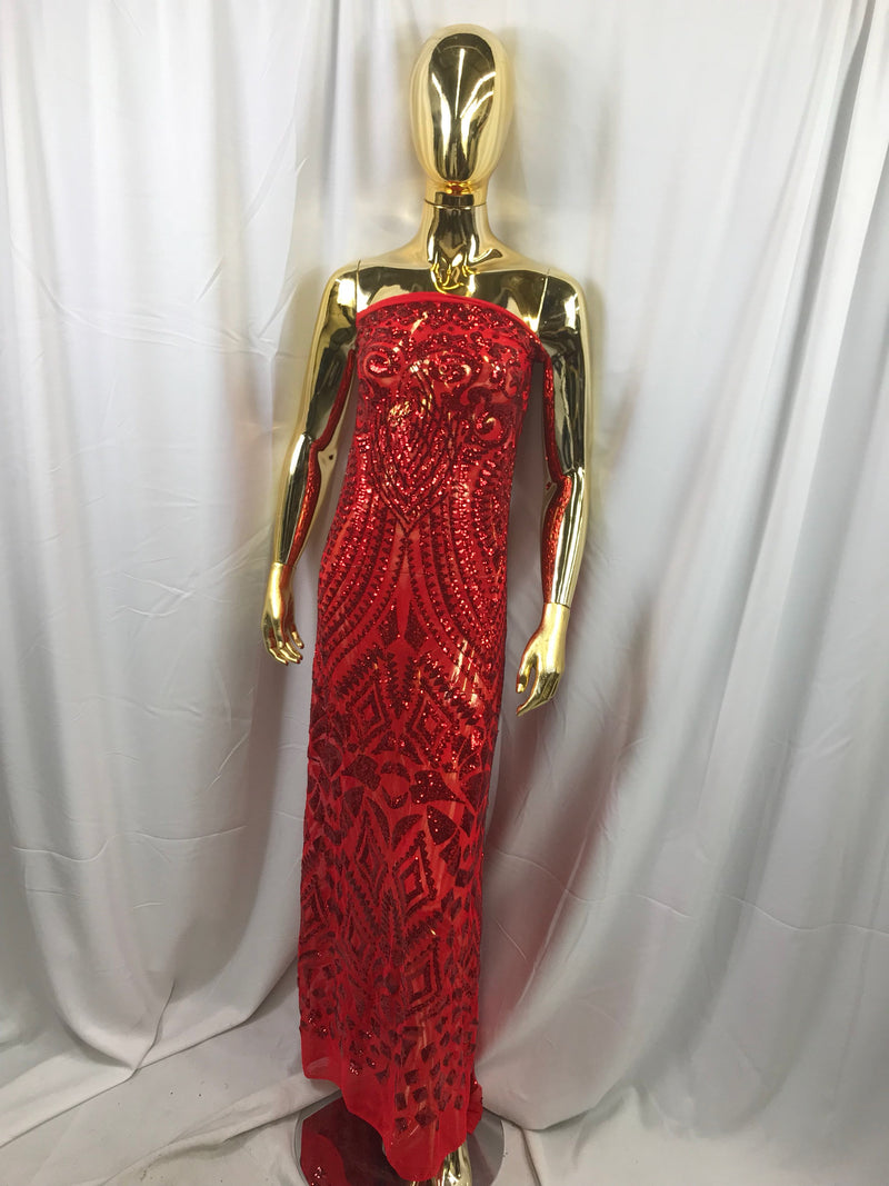 Red geometric diamond design embroidery with sequins on a 4 way stretch mesh-dresses-fashion-prom-nightgown-sold by the yard.