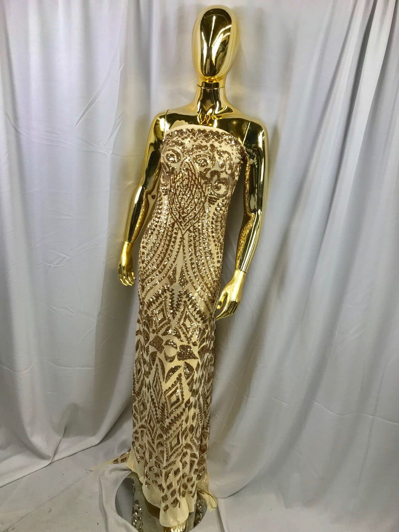 Gold geometric diamond design embroidery with sequins on a 4 way stretch mesh-dresses-prom-nightgown-fashion-sold by the yard.