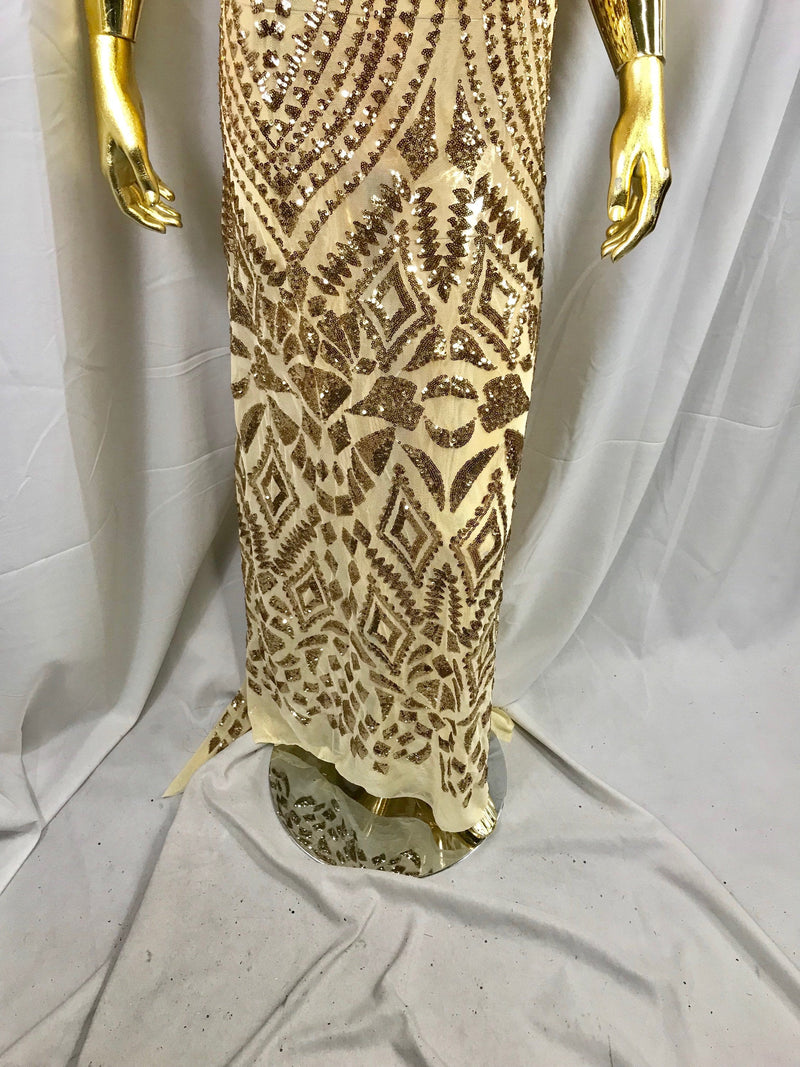 Gold geometric diamond design embroidery with sequins on a 4 way stretch mesh-dresses-prom-nightgown-fashion-sold by the yard.