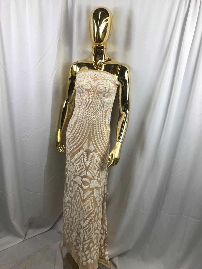 Skin color-white color geometric diamond design embroidery with sequins on a 4 Way Stretch Mesh-dresses-prom-nightgown-sold by the yard.