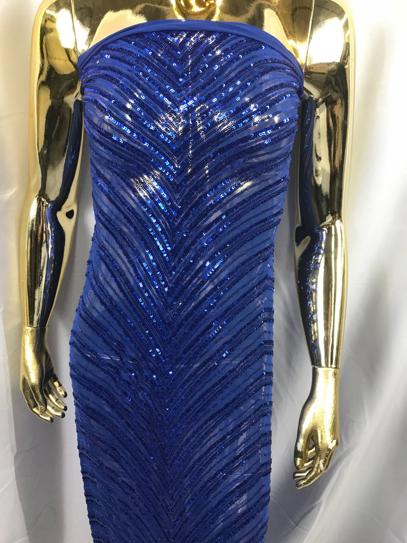 Royal blue imperial design embroidery with shiny sequins on a 4 way stretch mesh-dresses-fashion-prom-nightgown-sold by the yard.