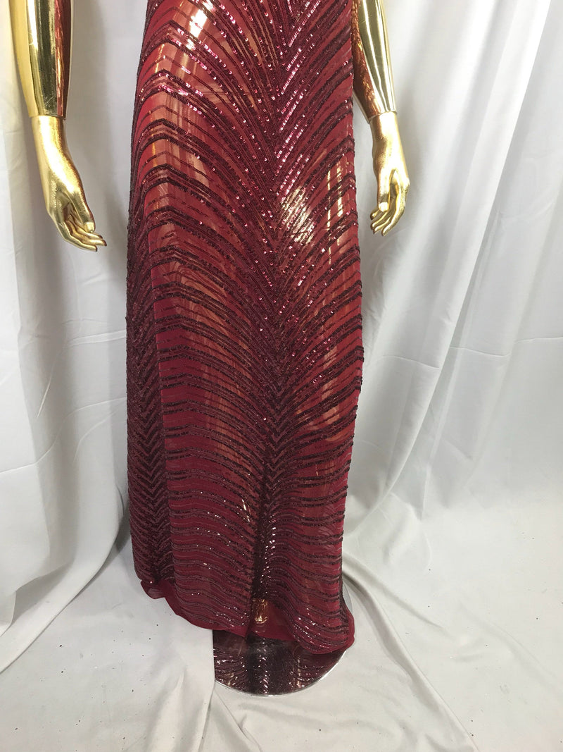 Burgundy imperial design embroidery with shiny sequins on a 4 way Stretch Mesh-dresses-fashion-prom-nightgown-sold by the yard.