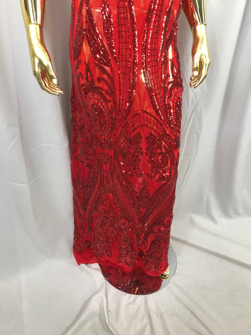 Red princess design embroidery with sequins on a 4 way Stretch Mesh-dresses-fashion-prom-nightgown-sold by the yard.