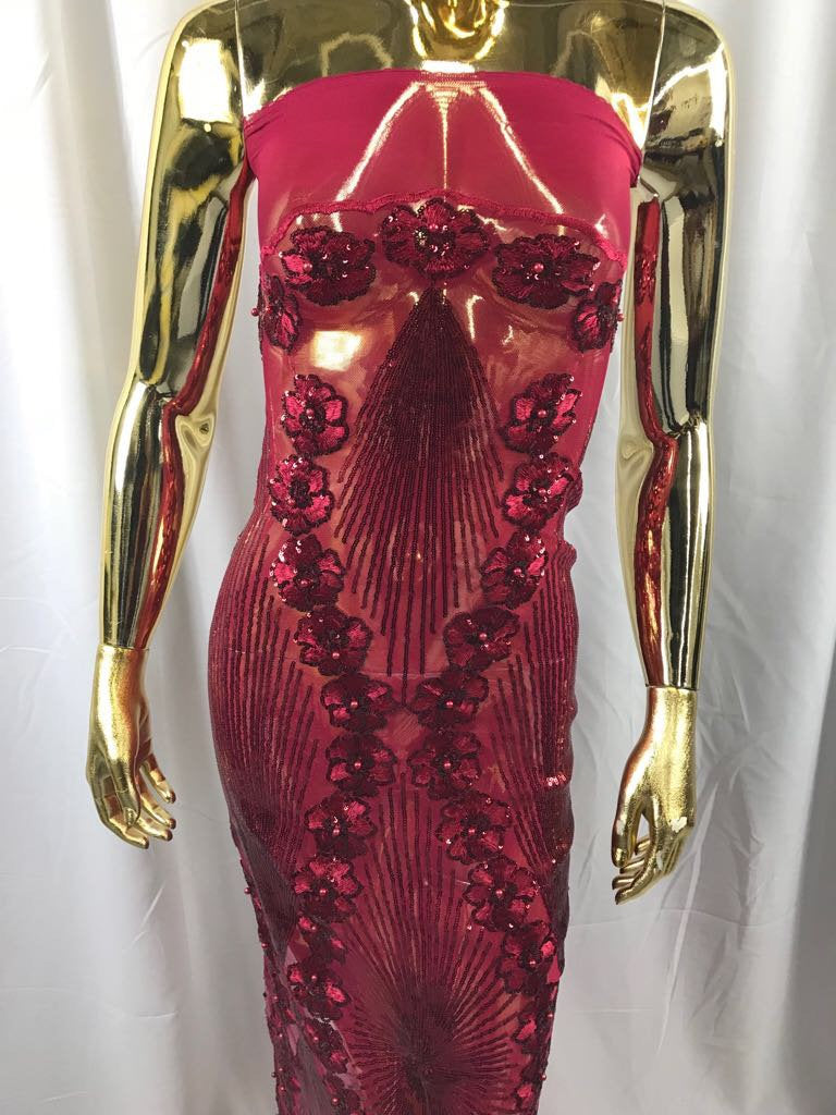 Burgundy goddess design floral embroidery with sequins and pearls on a 4 way stretch mesh-dresses-prom-nightgown-fashion-sold by the yard.