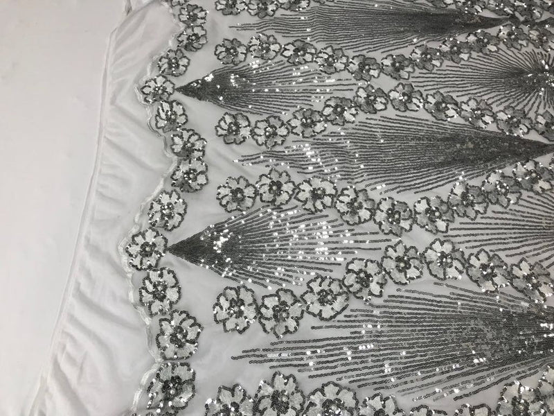 Gray/silver goddess design floral embroidery with sequins and pearls on a 4 way Stretch Mesh-dresses-fashion-prom-nightgown-sold by the yard