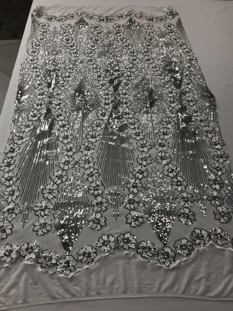 Gray/silver goddess design floral embroidery with sequins and pearls on a 4 way Stretch Mesh-dresses-fashion-prom-nightgown-sold by the yard