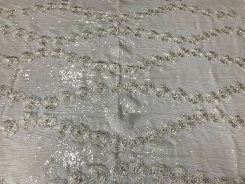 Ivory goddess design floral embroidery with sequins and pearls on a 4 way stretch mesh-dresses-fashion-apparel-prom-nightgown-sold by yard.