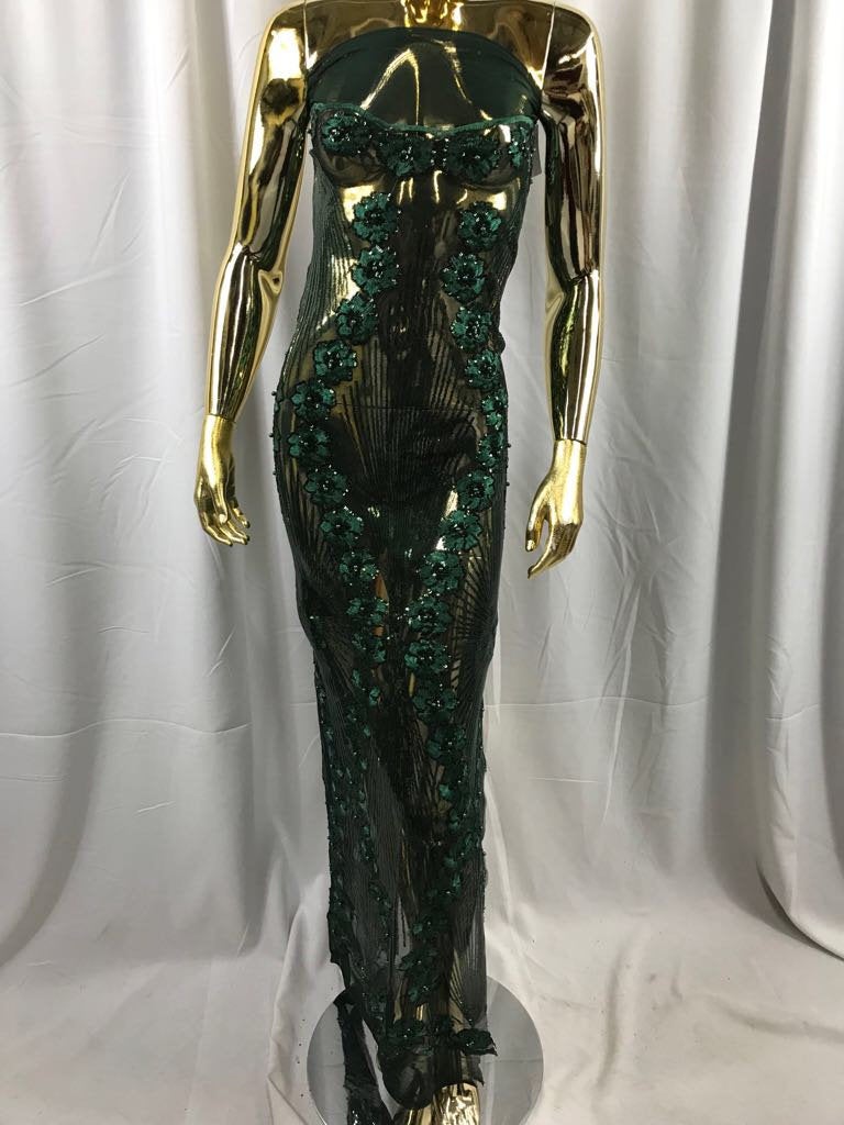 Hunter green goddess design floral embroidery with sequins and pearls on a 4 way stretch mesh-dresses-fashion-prom-nightgown-sold by yard