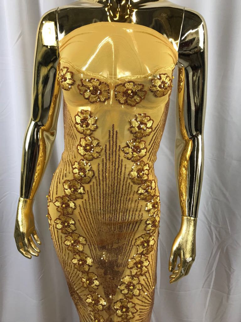 Dark gold goddess design floral embroidery with sequins and pearls on a 4 way Stretch Mesh-dresses-fashion-prom-nightgown-sold by the yard.