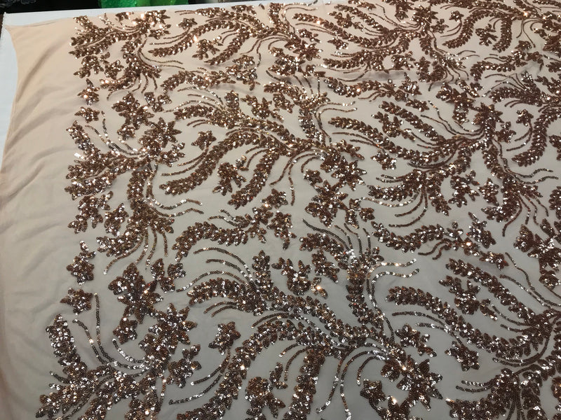 Rose gold sequins vine design embroidery on a 4 way Stretch Mesh-dresses-aparel-prom-nightgown-decorations-sold by the yard.