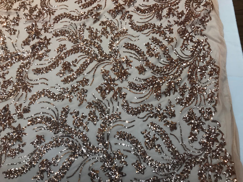 Rose gold sequins vine design embroidery on a 4 way Stretch Mesh-dresses-aparel-prom-nightgown-decorations-sold by the yard.