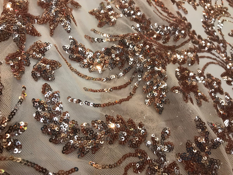 Rose gold sequins vine design embroidery on a 4 way Stretch Mesh-dresses-aparel-prom-nightgown-decorations-sold by the yard.