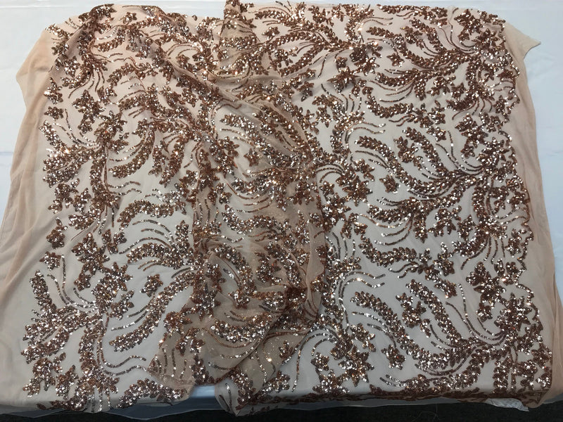 Rose gold sequins vine design embroidery on a 4 way Stretch Mesh-dresses-aparel-prom-nightgown-decorations-sold by the yard.