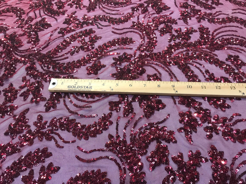 Burgundy sequins vine design embroidery on a4 way Stretch Mesh-dresses-fashion-prom-nightgown-decorations-sold by the yard.