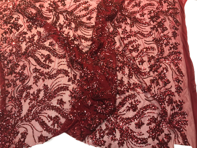 Burgundy sequins vine design embroidery on a4 way Stretch Mesh-dresses-fashion-prom-nightgown-decorations-sold by the yard.