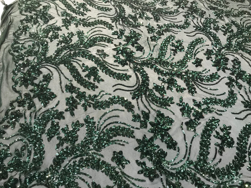 Hunter green Sequins vine design embroidery on a 4 way stretch mesh-dresses-fashion-prom-nightgown-decorations-sold by the yard.