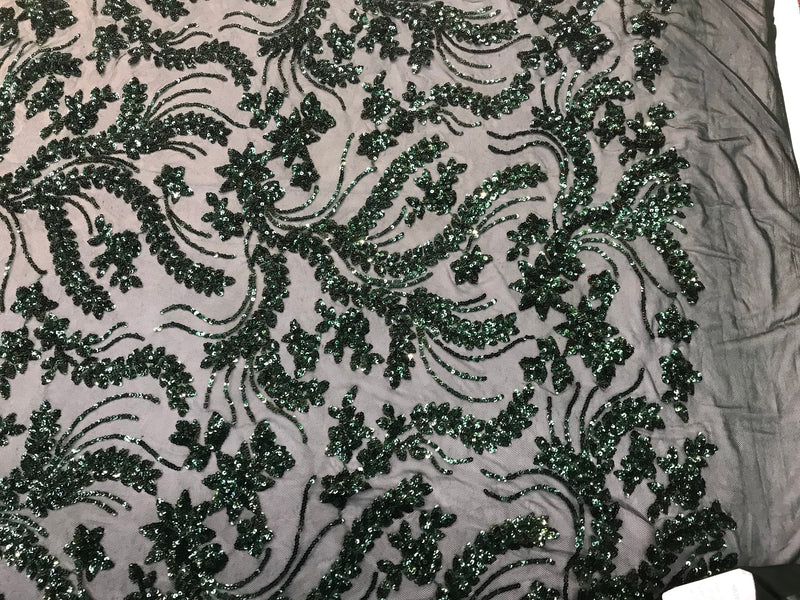 Hunter green Sequins vine design embroidery on a 4 way stretch mesh-dresses-fashion-prom-nightgown-decorations-sold by the yard.