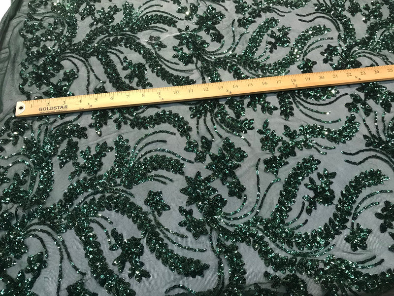 Hunter green Sequins vine design embroidery on a 4 way stretch mesh-dresses-fashion-prom-nightgown-decorations-sold by the yard.